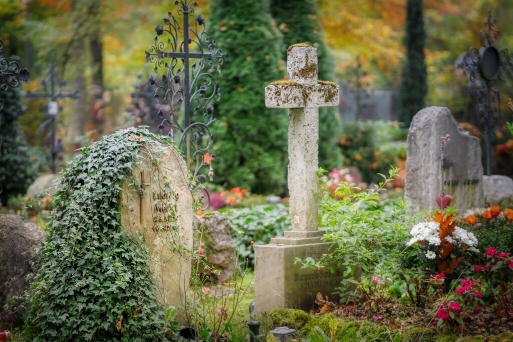 Friedhof mit überwachsenen Grabsteinen.